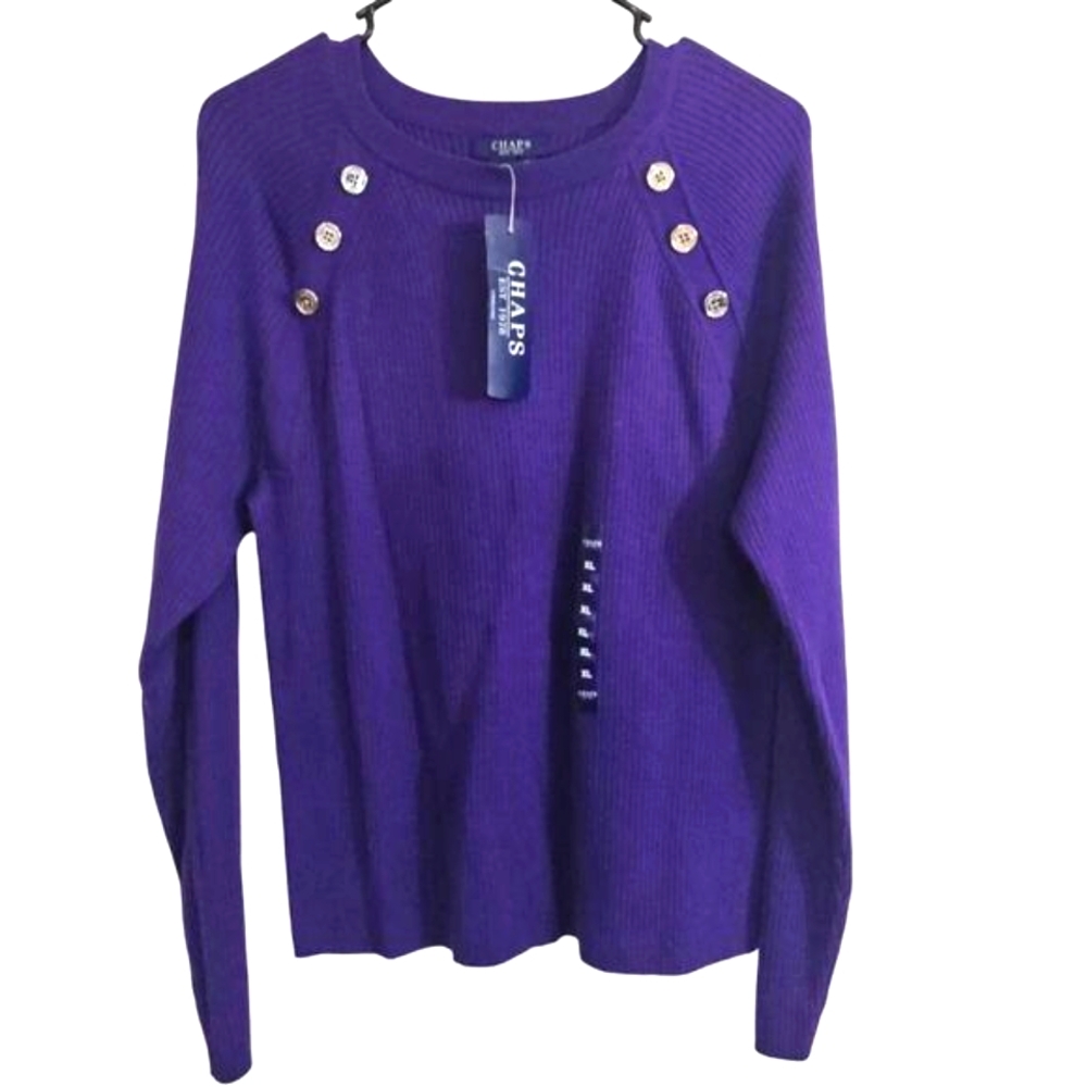 Chaps Ribbed Long Sleeve‎ Top Purple Office Preppy Casual Buttons Neutral XL